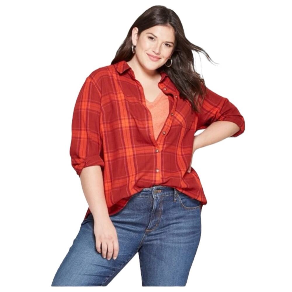 Ava & Viv Vibrant Red‎ Plaid Shirt No Gap Plus Size Long Sleeve 2X